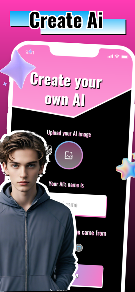 Interface do aplicativo Cuink mostrando o recurso Criar seu próprio IA com um avatar masculino e opções de personalização