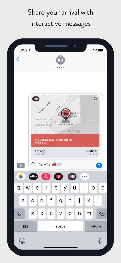 An iPhone screen showing an iMessage conversation with an interactive ETA card sharing driving time and arrival status