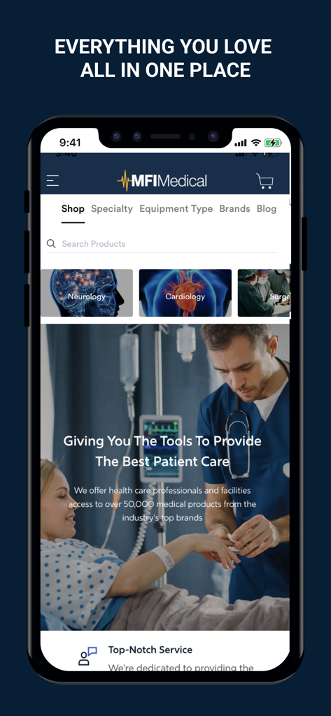 MFI Medical - MFI Medical mobile app home screen displaying medical product categories and equipment selection