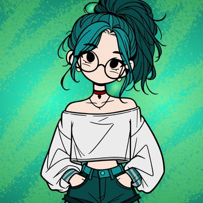 girl with a messy ponytail glasses a baggy crop top and jean shorts