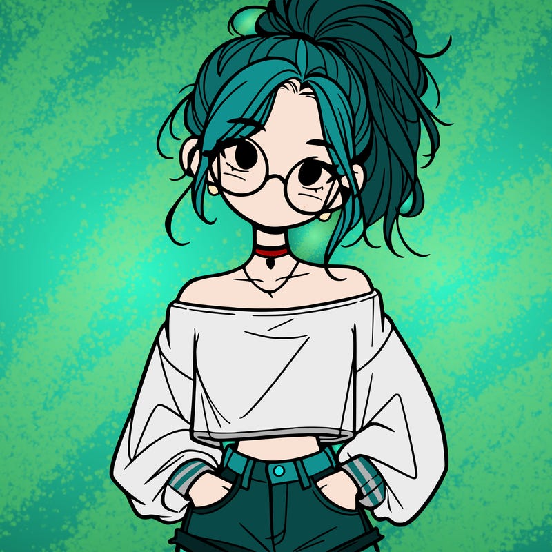 girl with a messy ponytail glasses a baggy crop top and jean shorts