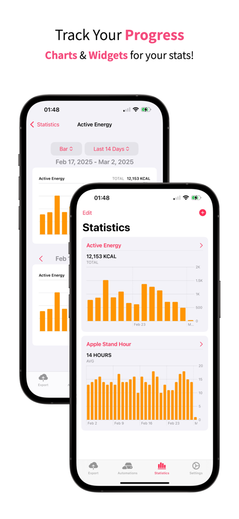 iPhone screens displaying health statistics and charts for active energy and stand hours