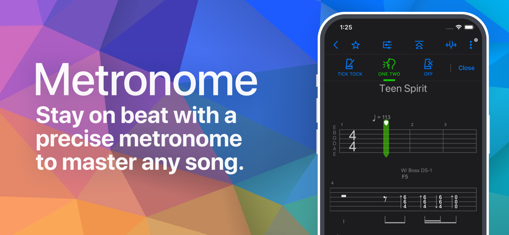 Songsterr Tabs & Chords - Songsterr app metronome interface with guitar tabs for Smells Like Teen Spirit
