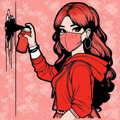 realistic girl with mask spray painting a wall