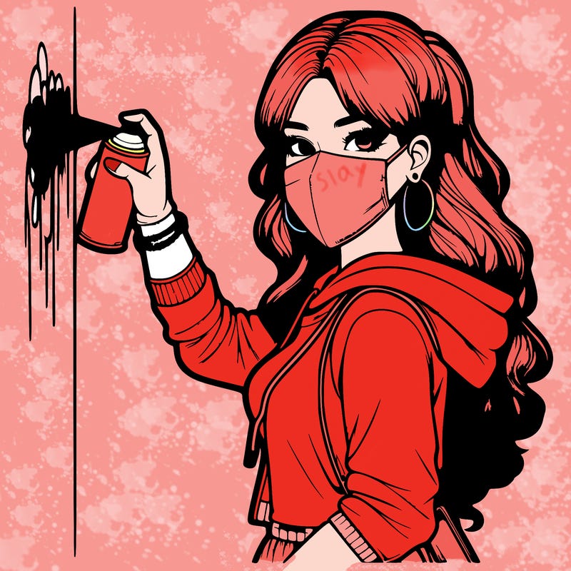 realistic girl with mask spray painting a wall