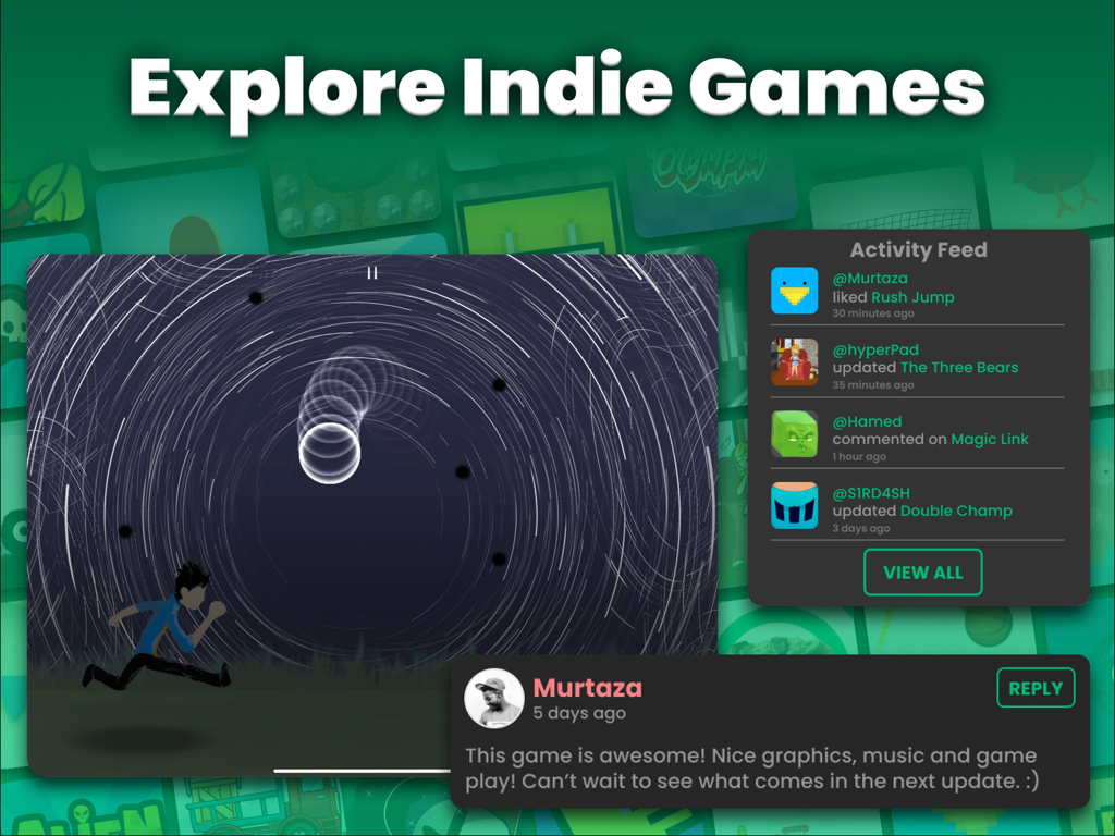 Interface of hyperPad community hub showing indie games and user activity feed