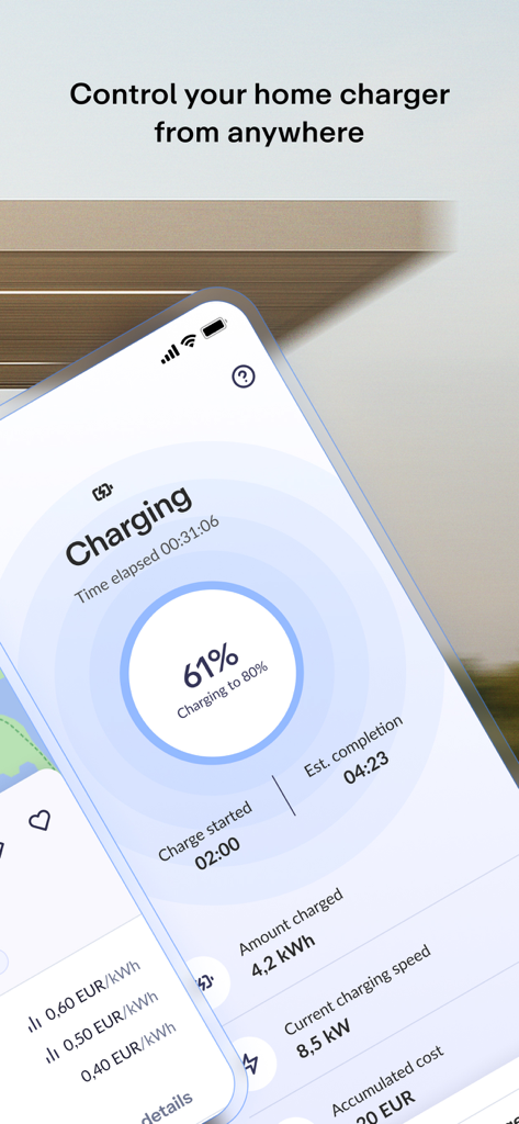 Monta Charge - A smartphone displaying the Monta Charge app interface with real-time electric vehicle charging data including battery level and cost tracking.