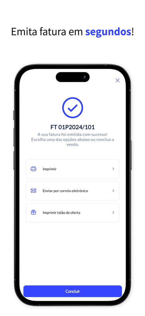 Smartphone exibindo uma confirmação de emissão de fatura bem-sucedida na app POS móvel Cegid Vendus