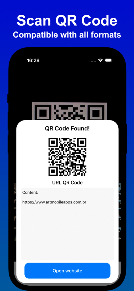 QR Creator: Scan & Make QRCode - Interfaz de la aplicación Creador de QR que muestra un código QR de URL escaneado y un botón para abrir el sitio web