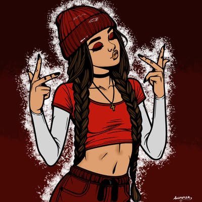 realistic teenage girl with braids and a beanie and crop top doing 🫶🏼