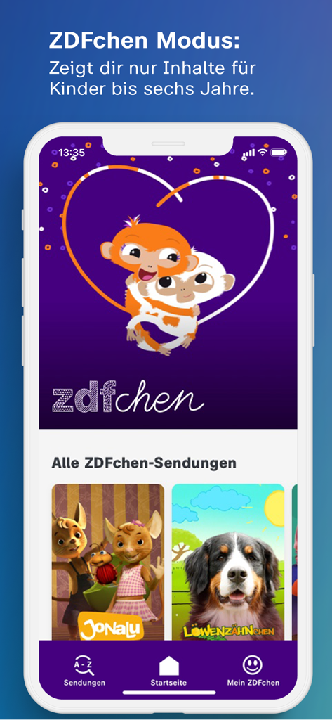 ZDFtivi-App – Kinderfernsehen - Capture d'écran de l'application ZDFtivi affichant l'interface du mode ZDFchen pour les enfants jusqu'à six ans, présentant JoNaLu et Löwenzahnchen