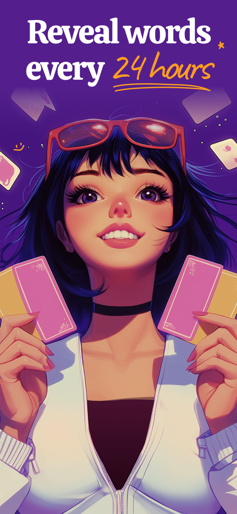 Word of the day - Words - Anime style illustration of a girl holding flashcards with text saying Reveal words every 24 hours