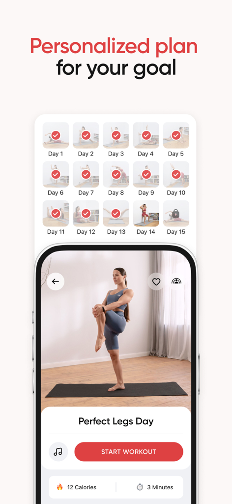 BetterMe app screen showing a personalized fitness plan calendar and a leg workout preview.