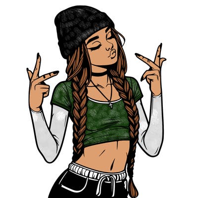 realistic teenage girl with braids and a beanie and crop top doing 🫶🏼