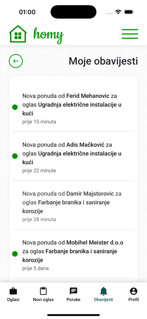 Homy.ba - Homy app notification interface showing new job offers for home services