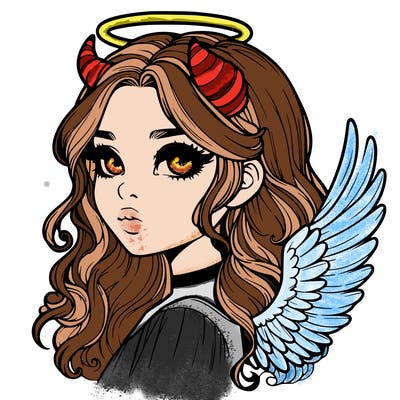 realistic girl with horns and wings and halo