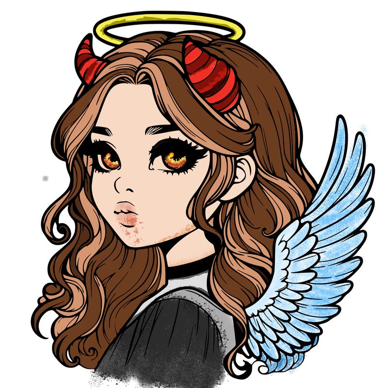 realistic girl with horns and wings and halo