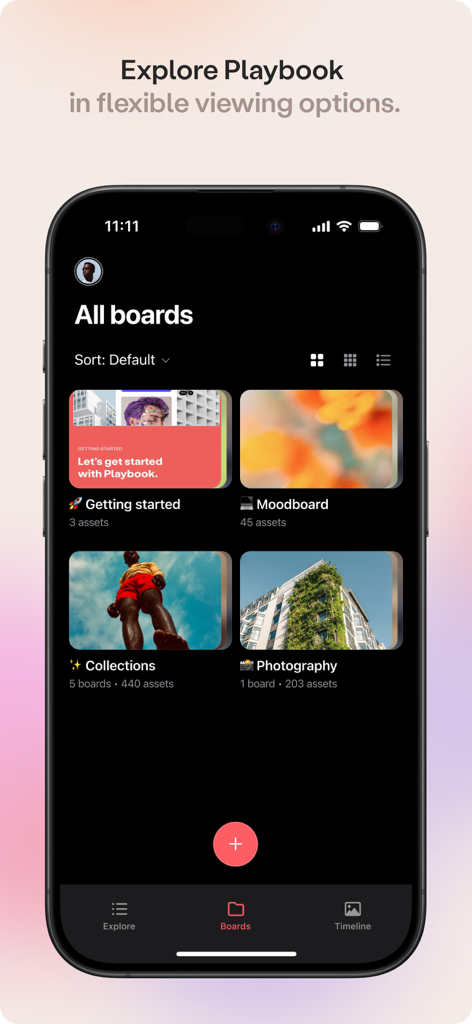 Playbook - Creative Storage - A mobile interface of the Playbook app showing a visual grid of creative boards for asset organization