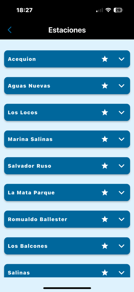 Proyecto Mastral - Una lista de estaciones meteorológicas hiperlocales en la aplicación Proyecto Mastral para Torrevieja.