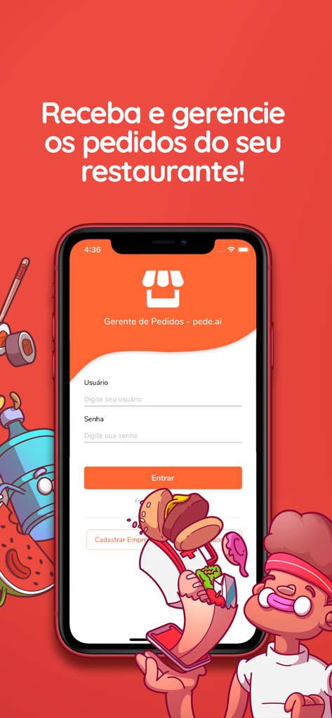 Anmeldebildschirm der Gerente de Pedidos pede.ai Mobile App für die Verwaltung von Restaurantbestellungen