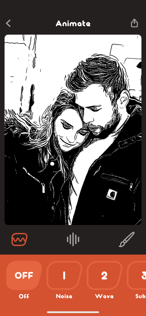 흑백 스케치 애니메이션 효과가 있는 커플 사진을 보여주는 Animatix 앱 인터페이스