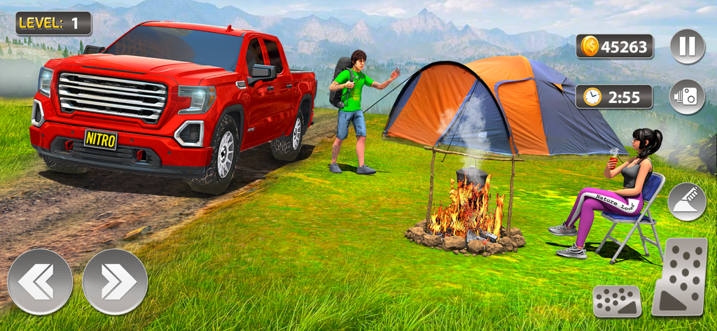 Red pickup truck parked at a campsite in an offroad car simulator game