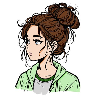realistic teenage girl with a messy bun