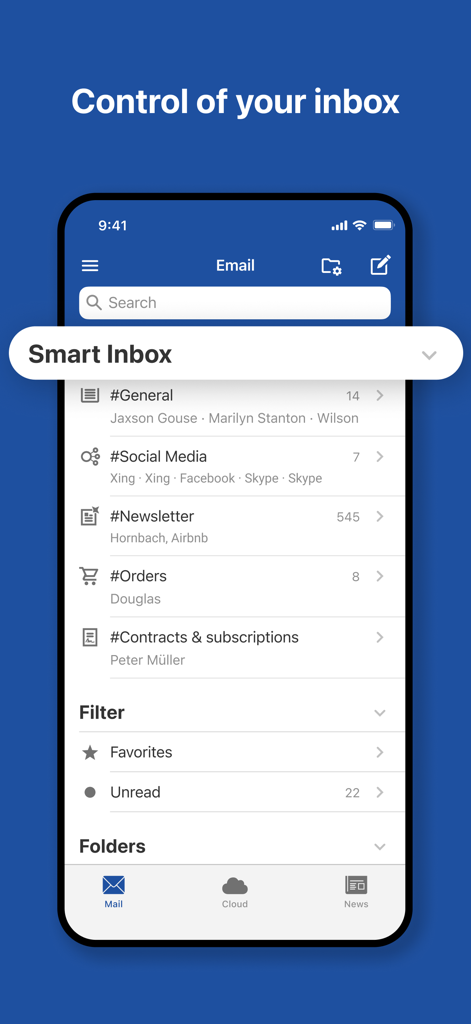 A smartphone showing the GMX Mail app Smart Inbox with categorized email folders like Social Media and Newsletters.