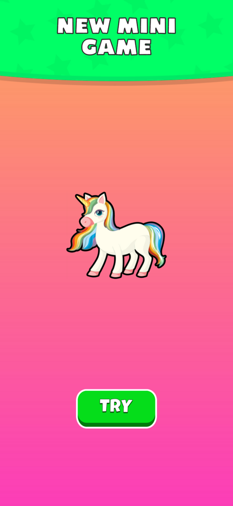 Twerk Master - New mini game announcement screen featuring a colorful unicorn with a try button in the Twerk Master app