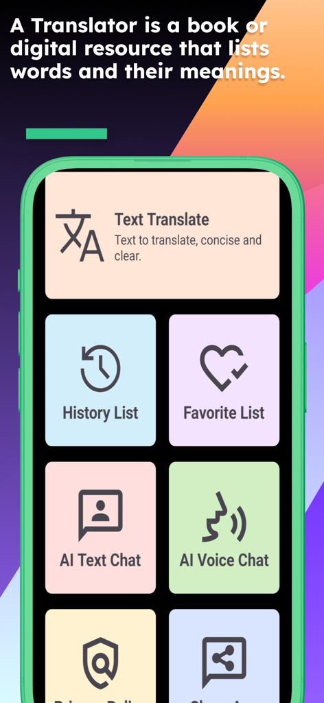 Screenshot of the English Turkmen Translator app menu displaying options for text translation history favorites and AI chat features