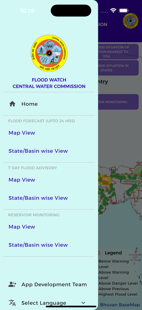 FloodWatch India mobile app side navigation menu with flood forecast and reservoir monitoring options.