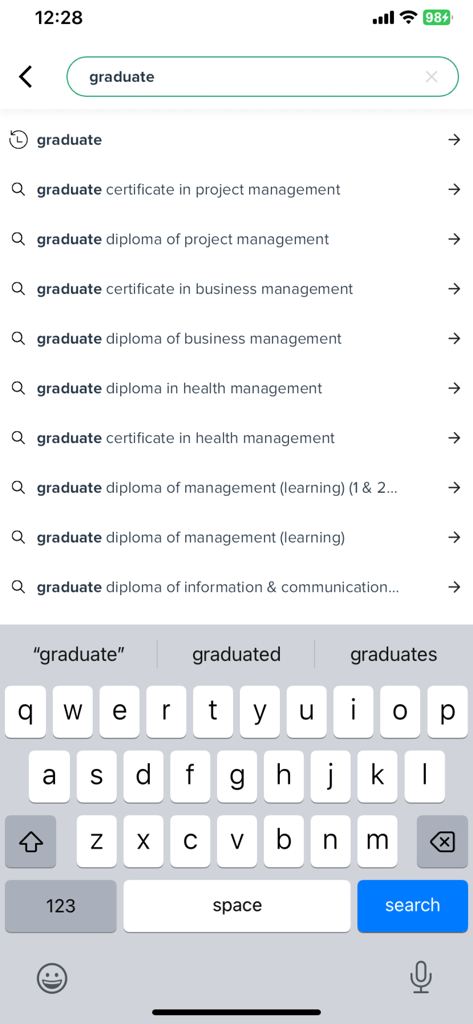 Educonnect - Educonnect app search screen showing graduate course suggestions and mobile keyboard