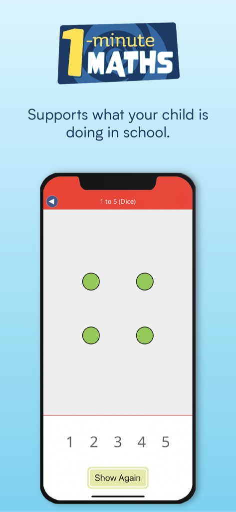 1-Minute Maths - Smartphone screen showing a 1-Minute Maths subitising game with four dots and number choices