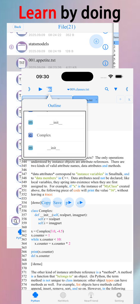 pythoni-run code,autocomplete - A screenshot of the pythoni app displaying a mobile code editor with Python class definitions and an outline navigation menu.