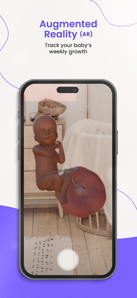 Función de Realidad Aumentada en la aplicación V-Baby que muestra un modelo 3D a tamaño real del crecimiento de un bebé en una guardería