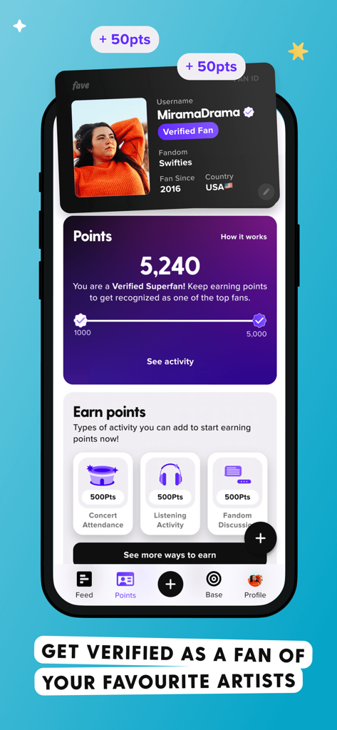 Fave - For Passionate Fans - Panel de la app Fave mostrando un perfil de súper fan verificado con puntos y actividades para ganar más a través de la participación en el fandom