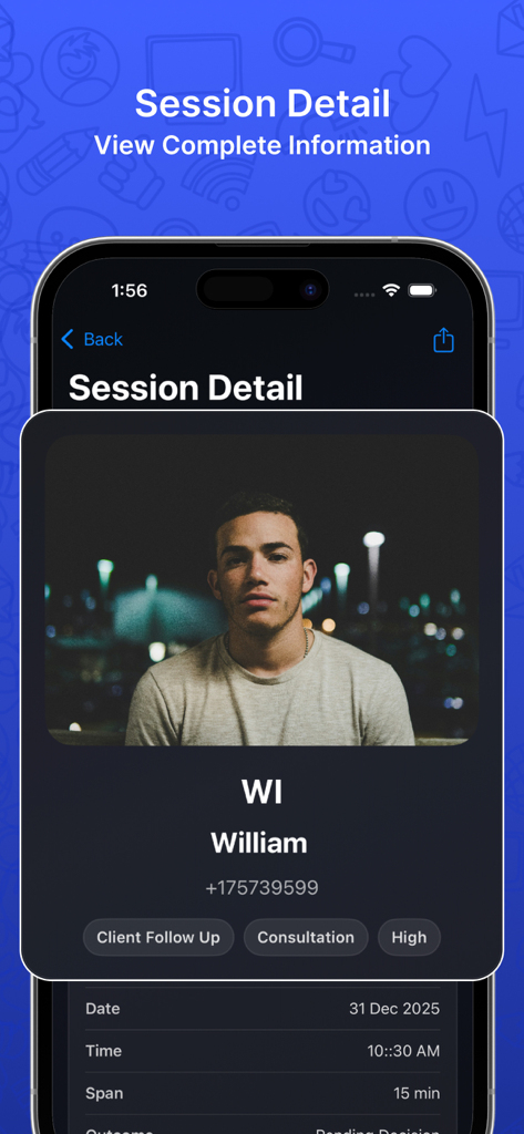Detailed session log view in the Call App ID Sessions app showing contact profile and call metadata