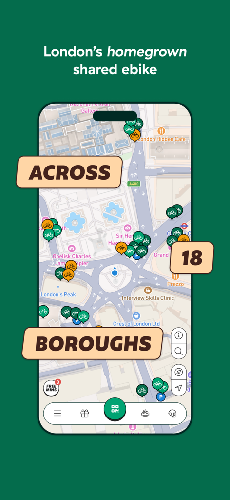 Forest - eBike Sharing - Forest ebike sharing app showing bike availability on a map of London across 18 boroughs