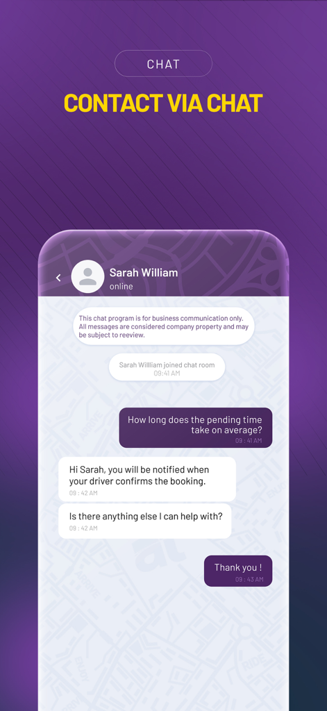 AirportTransfer.com - 予約確認に関するカスタマーサポートチャットを示すAirportTransferアプリのインターフェース