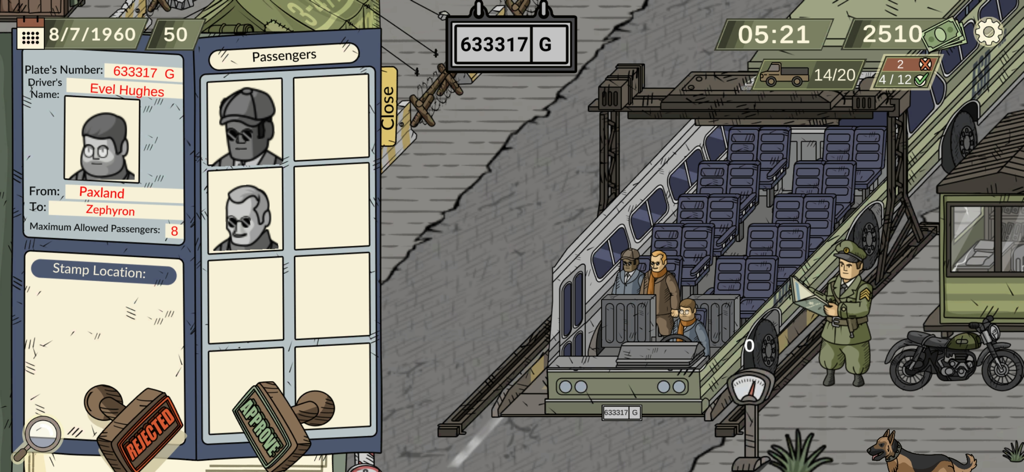 Gameplay of Black Border 2 showing a border officer inspecting a bus and verifying passenger documents