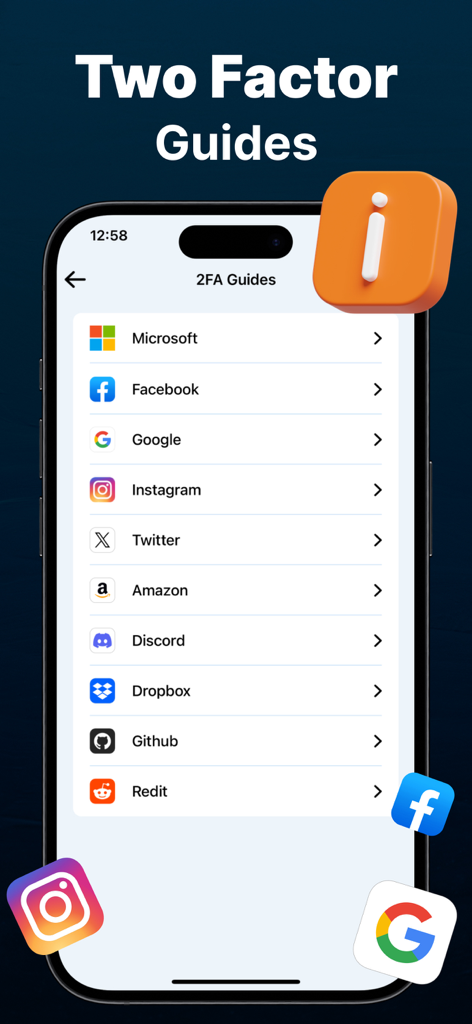 Authenticator App - Official ™ - Una schermata dell'iPhone che mostra un elenco di guide alla configurazione dell'autenticazione a due fattori per servizi popolari come Microsoft, Google e Facebook