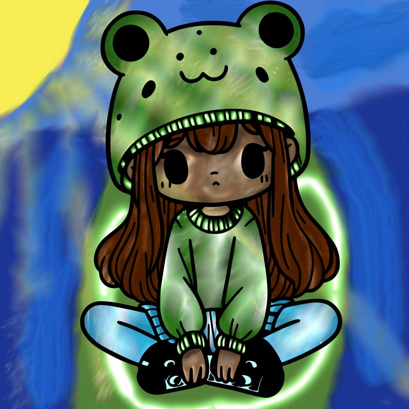 a girl wearing a frog hat and some frog socks