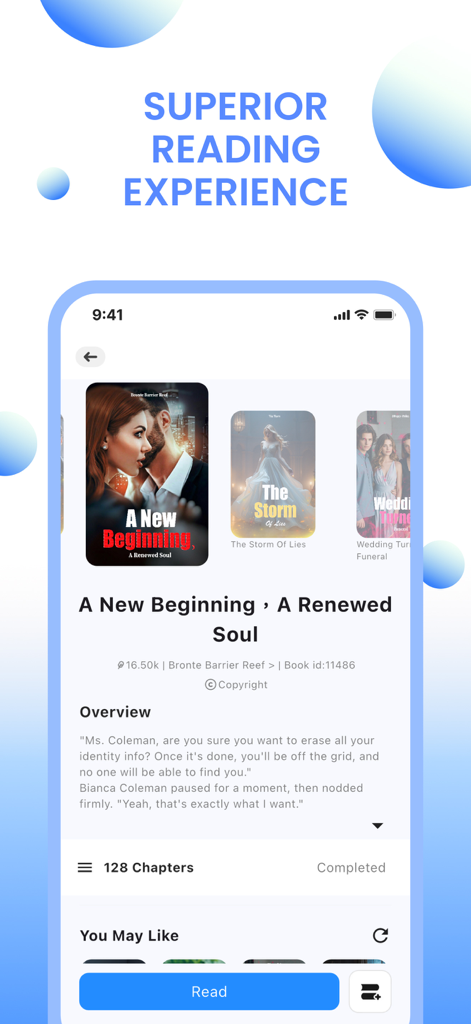 Affichage sur smartphone de l'application NovRead montrant la description du livre et le nombre de chapitres pour un roman d'amour.