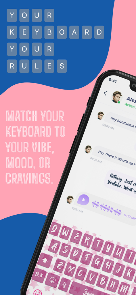 Fonts Keyboard + facemoji - Pantalla de smartphone que muestra un teclado rosa personalizado con estrellas y estilos de texto únicos en un chat.