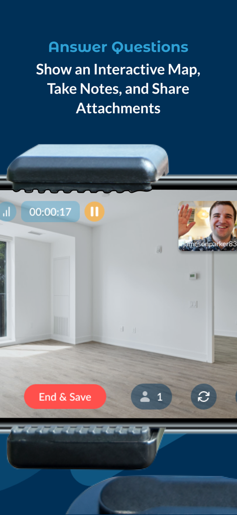 Realync Video Leasing - Interfaccia dell'app Realync che mostra un tour virtuale dal vivo di un appartamento con un agente immobiliare che saluta nell'angolo