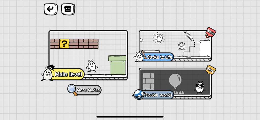 Mr. Egg- Puzzle Master - Main menu screen of Mr. Egg Puzzle Master game featuring various modes like Main Level and Stroke to Life in a doodle art style
