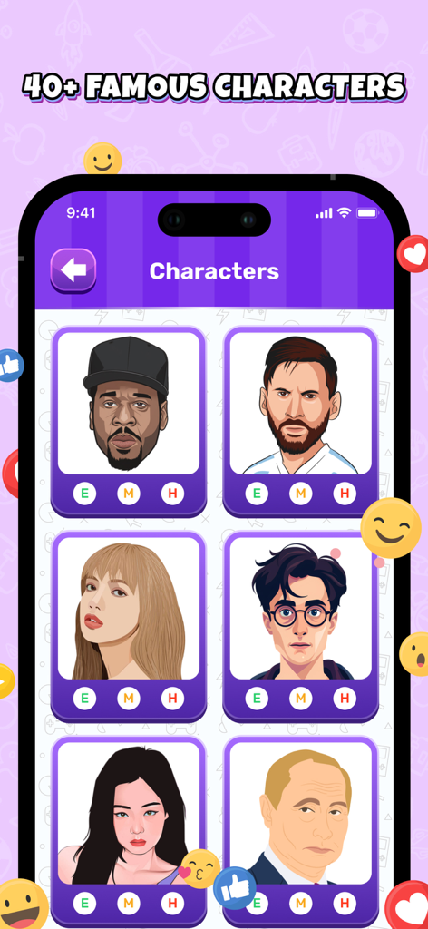 Face Mash: Funny Mix Challenge - Una schermata di selezione del personaggio nell'app Face Mash con ritratti stilizzati di celebrità famose e icone della cultura pop.