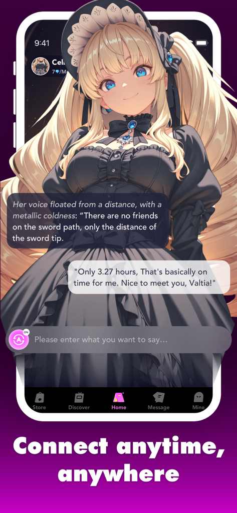 Hana AI-Chat with AI Friends - A mobile chat interface from the Hana AI app featuring a conversation with an anime character in a black dress.