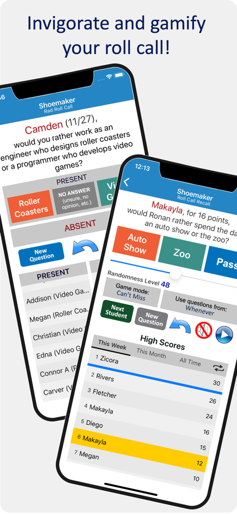Classroom management app showing random student picker and high scores for gamified roll call