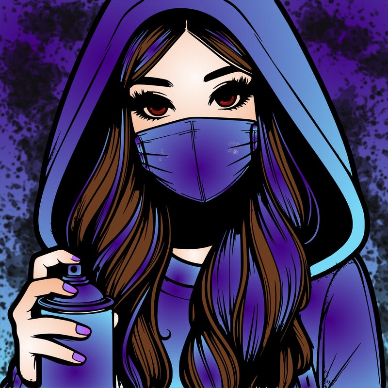 girl wearing a mask with long hair with her hood up spray-painting realistic